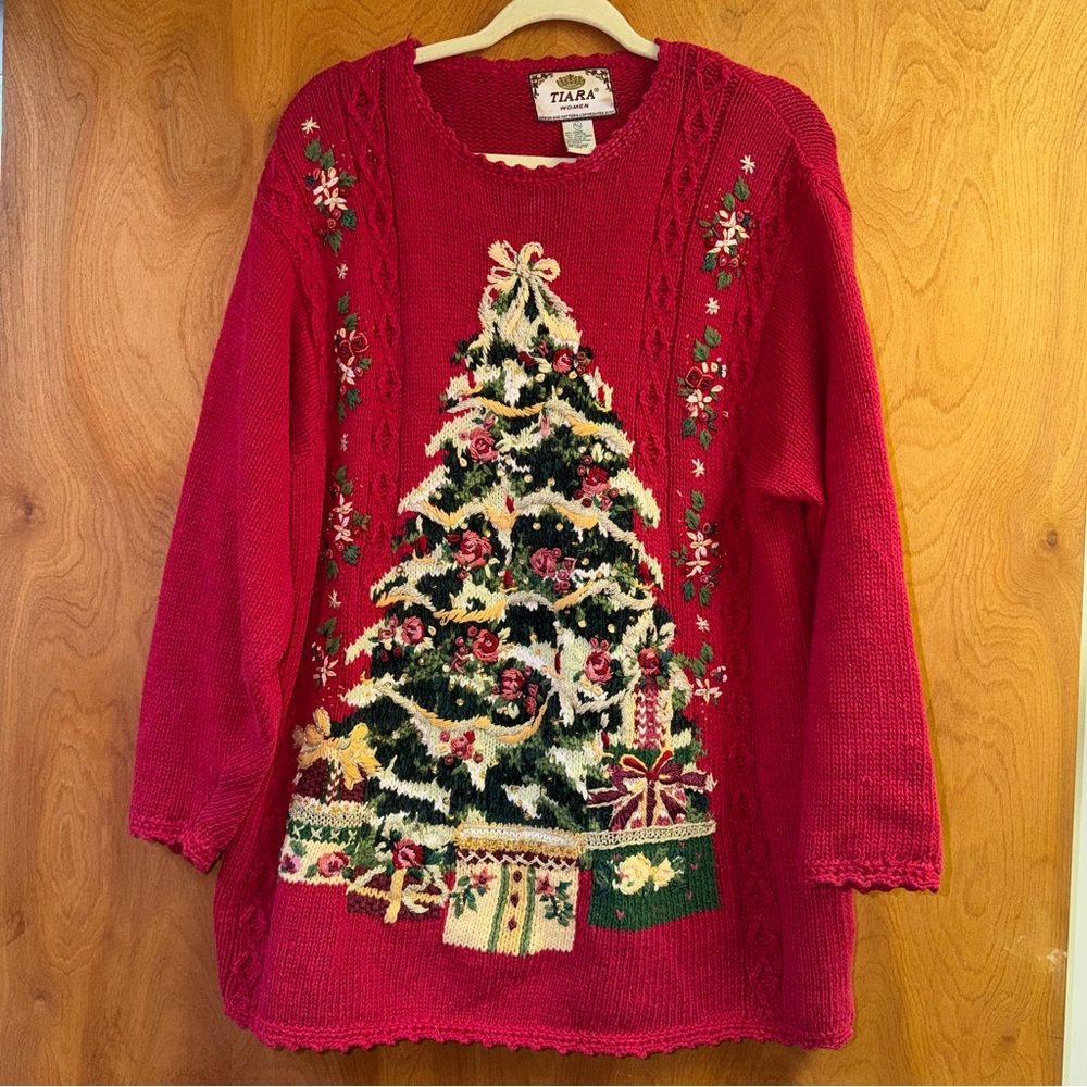 Tiara International Vintage Red Christmas Tree Sweater Embroidered Floral 14/16